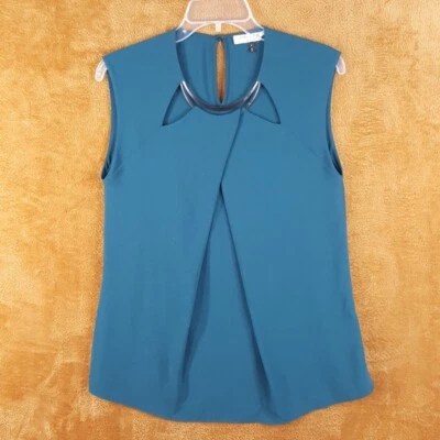 Top pulóver HALSTON Heritage para mujer talla 2 verde azulado sin mangas recortado plisado metal Foto 1 de 4