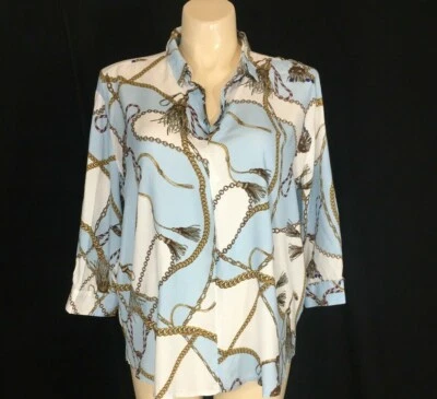 PRIMARK Tunic 14 White Baby Blue Gold Tassel Print 3/4 Sl Top Unique Casual LN - Image 1 of 4