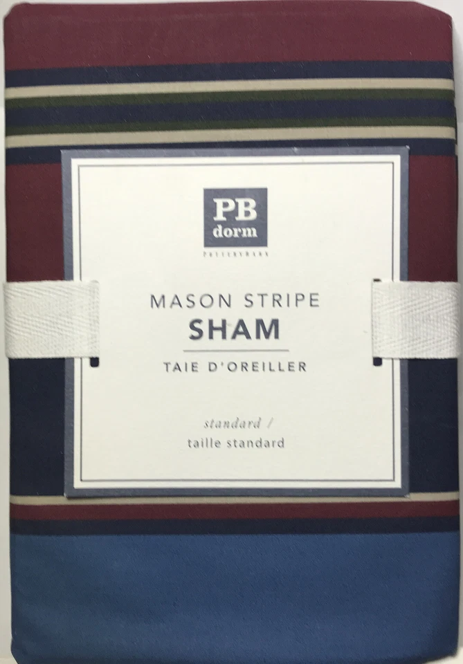 Almohada Pottery Barn Sham Estándar PB Dormitorio Adolescente Albañil Rayas Azul Borgoña NUEVA Foto 1 de 3