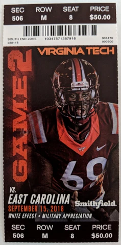 2018 Virginia Tech vs East Carolina Ticket Stub 9/15/2018 Cover