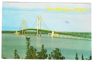 Vintage Michigan Chrome Postcard Mackinac Bridge Joining Peninsulas - Imagen 1 de 2