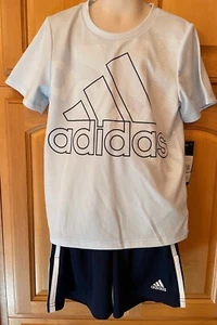 NWT ADIDAS Boys 2 Piece Short Outfit, Light Blue/Navy, Size 5 or 7, AG6235, $44 - Picture 1 of 5