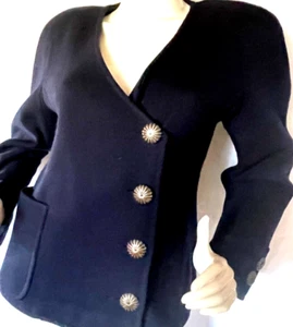 Blazer in lana boutique blu navy vintage anni '80 con 4 pulsanti tonalità argento taglia 8 - Foto 1 di 10