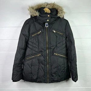 METAPHOR Black Polyester Puffer Faux Fur Hood Lined Jacket Coat Size Small - Picture 1 of 13