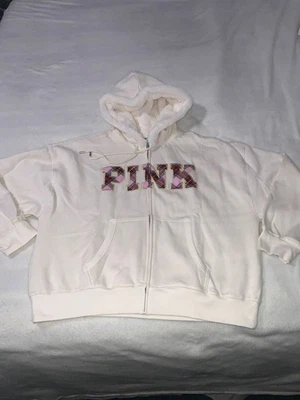 NUEVO CON ETIQUETAS VICTORIA'S SECRET ROSA HIEDRA POLAR CAMPUS IMITACIÓN PIEL FORRADA CAPUCHA CREMALLERA COMPLETA MEDIANA Foto 1 de 4