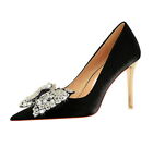 Womens Rhinestones Bow Pumps High Heels Pointed Toe Party Formal Shoes Plus Size