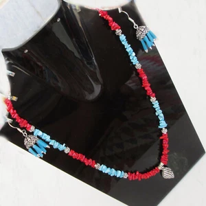 Red Coral Handmade Necklace turquoise Handmade Necklace Earrings jewelry set - Picture 1 of 8