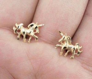 Schön!!! 14K massive Gelbgold dimensionale Einhorn Ohrstecker, 0,37"x0,53" - Bild 1 von 6