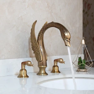 3 Stück Schwan Bad Wasserhahn Antik Messing Doppelgriffe Deckmontage Mischbatterie 3 Löcher Wasserhahn - Bild 1 von 10