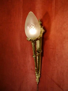 antique sconces large torch wall lamps couple brass glossy satined glass - Picture 1 of 9