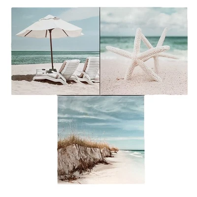 Blue Beach Wall Art Set of 3 Canvas Art Prints Beach Coastal Wall Decor 12x12" - Image 1 of 4