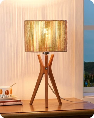 EDISHINE Rattan Bedside Lamp, 17.5" Woven Shade, Wood Base, Modern Farmhouse - Image 1 of 4
