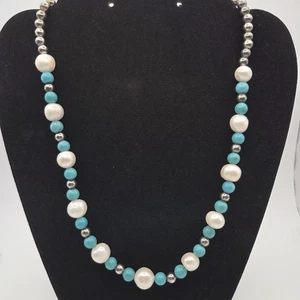 Vintage Turquoise, Pearl, & Sterling Silver Beaded Necklace 19" - Picture 1 of 9