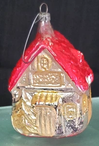 ANTIGUA CABAÑA DE CRISTAL CON TECHO ROJO ADORNO DE NAVIDAD (¿ALEMANIA?) - Imagen 1 de 6