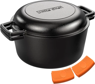 2-In-1 Pre-Seasoned Cast Iron Double Dutch Oven Pot with Skillet Lid & Silicone  - Image 1 of 4