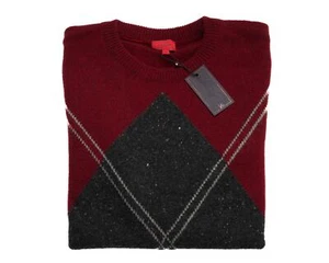 Isaia Napoli $1,150 NWT Red Gray Argyle 100% Wool Slim Crew-Neck Sweater M - Picture 1 of 6