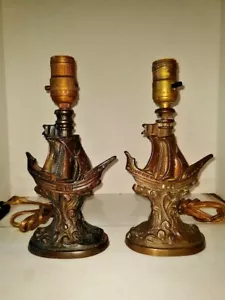 VTG (Pair) Art Nouveau Arts & Craft Iron Galleon Ship Table Lamps 1900-1940 Opt - Picture 1 of 12