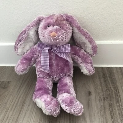 动物冒险毛绒兔子 12 英寸紫色填充棉尾格子蝴蝶结 — 第 1/4 张图片