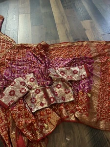 Red Bandhini Silk Sari Yellow Blouse & Fall Stitched Size34-40 - Picture 1 of 3