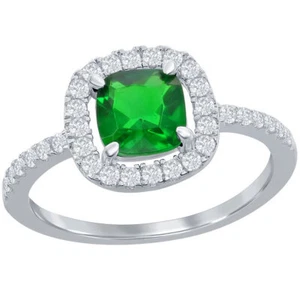 Classic Women's Emerald and White CZ Square Ring - Picture 1 of 6