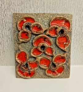Jan Van Erp MID CENTURY 1960S POTTERY PLAQUES WALL ART, Red Floral, Heavy Tile - Picture 1 of 10