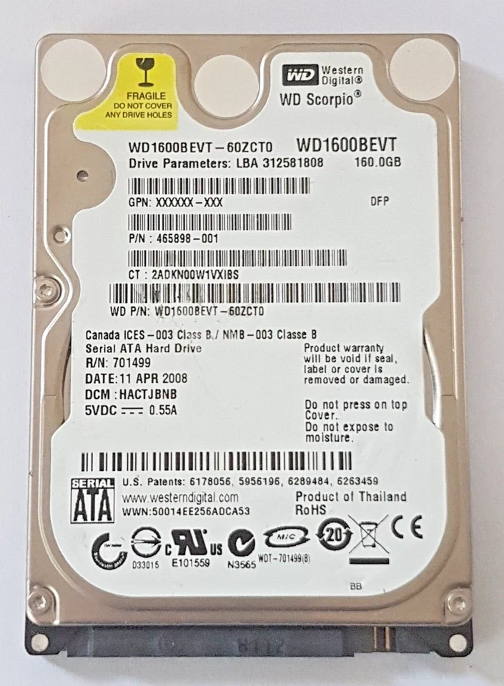 160 GB SATA Western Digital WD1600BEVT-60ZCT0 5400rpm 8MB HDD 2.5 " Hard Drive - Image 1 of 1