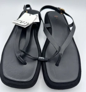 Zara LEATHER FLAT SANDALS THONG Z1W Size US 10 EUR 41 NEW WITH TAGS - Picture 1 of 17
