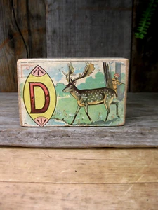 Antique Wood Alphabet Block with Paper Lithograph Deer & Rabbit - Picture 1 of 8