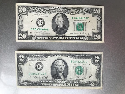 1988 Twenty Dollar Bill Vintage Small Portrait and 1975 Two Dollar Bill - Image 1 of 4