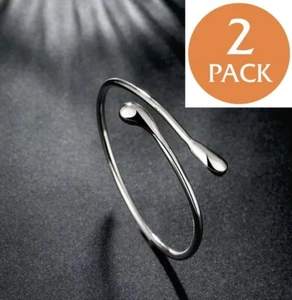 2x Women’s 925 Sterling Silver Smooth Tear Water Drop Cuff Open Bangle Bracelet - Picture 1 of 7