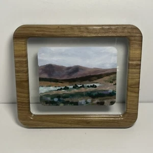 Framed Landscape Painting 8.1”x6.9” Mountain Scenic Lake Wooden Brown Frame - Picture 1 of 8