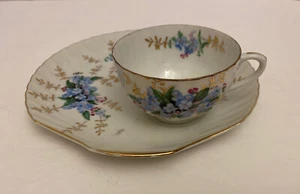 Vintage Tea Cup and Large 8” Saucer Impatiens Flowers Gold Trim, Blue-1 - Picture 1 of 12