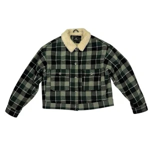 Volcom Womens Flannel Weaton Jacket Flannel Coat Sz Large Sherpa Green Black - Picture 1 of 15