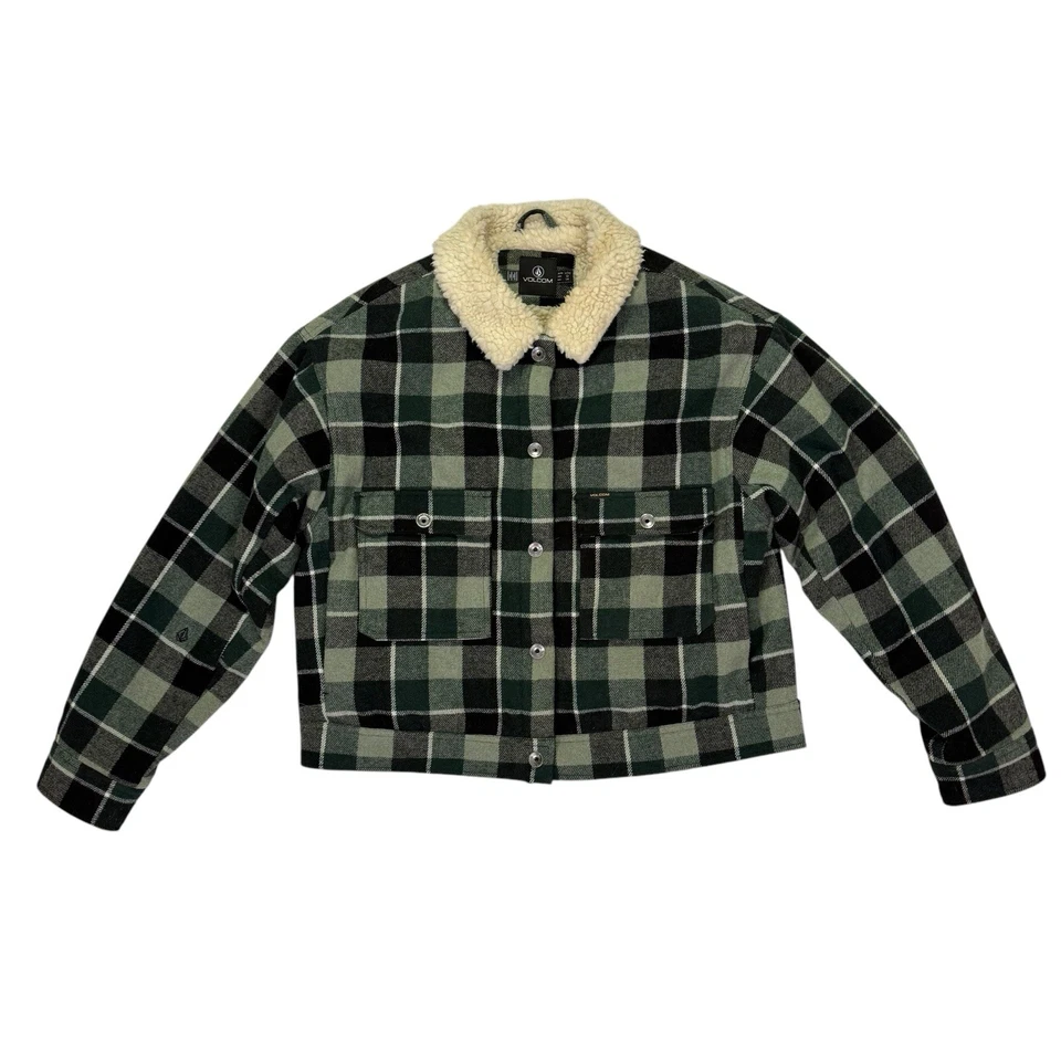 Volcom Womens Flannel Weaton Jacket Flannel Coat Sz Large Sherpa Green Black - Image 1 of 4