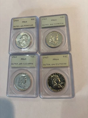 1960-1961-1962-1963 Franklin Silver PCGS PR65 &PR64 Old Green Rattler Holder - Image 1 of 4