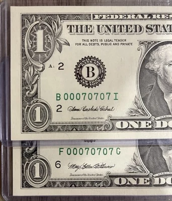 00070707 FANCY RARE SERIAL NUMBERS 1995 & 2003 A $1 Dollar Bills BINARY - Image 1 of 3