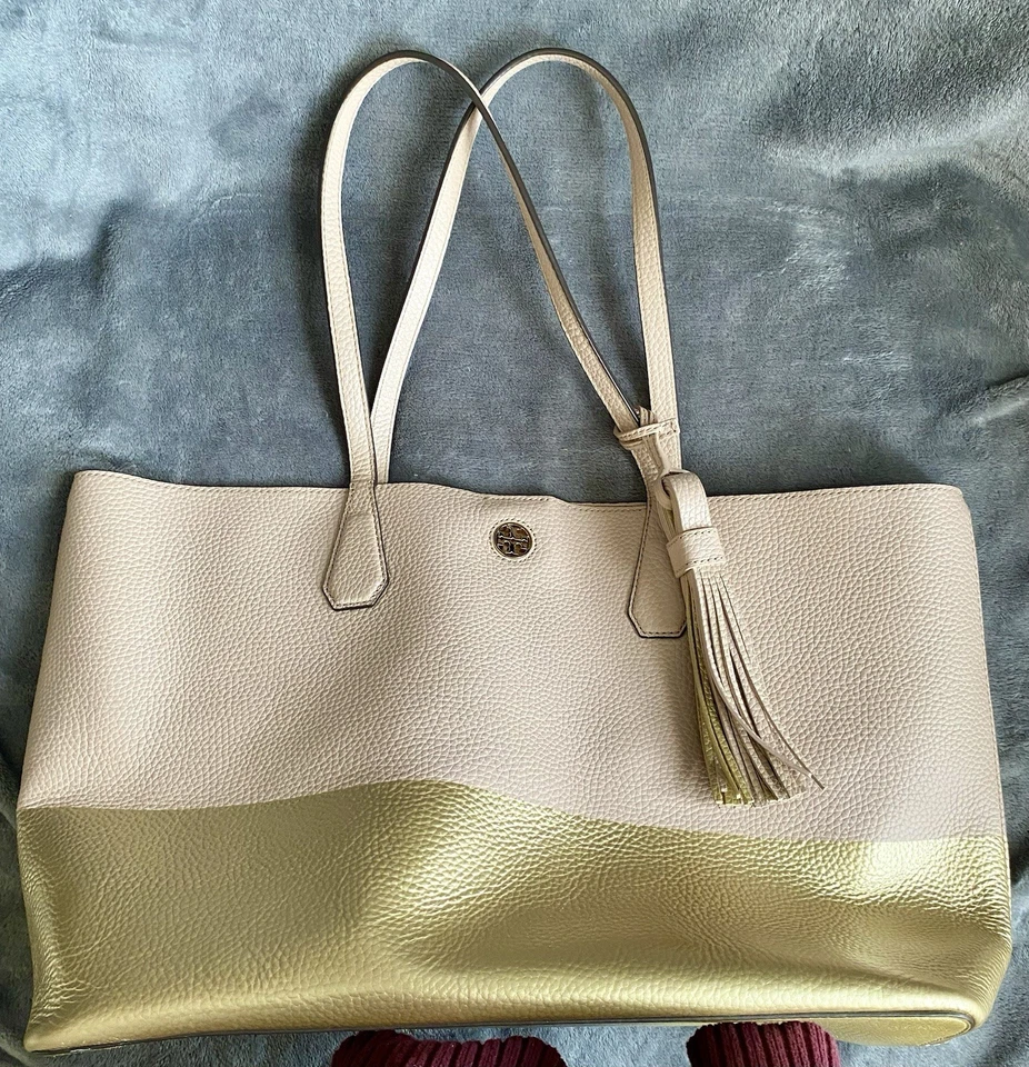 Tory Burch Perry Color Block 托特包浅粉色金属金色大号 VGC  — 第 1/4 张图片