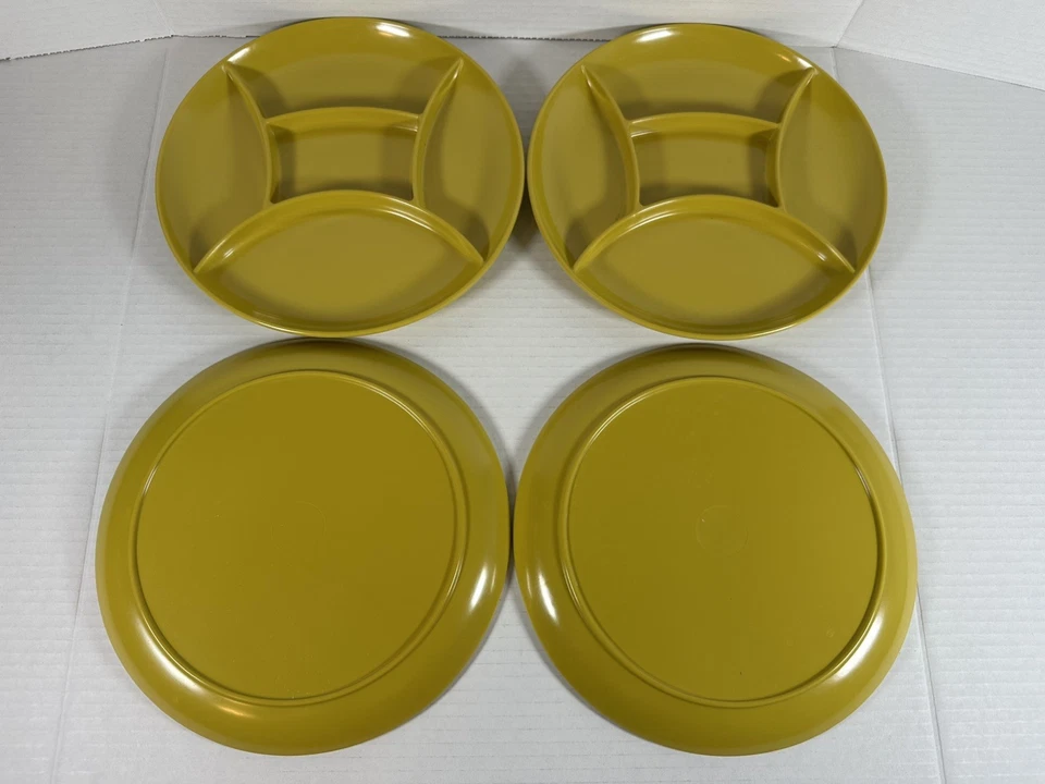 SET OF 4 VINTAGE mustard yellow DIVIDED MELMAC fondue PLATES IMPERIAL JAPAN 9" - Image 1 of 4