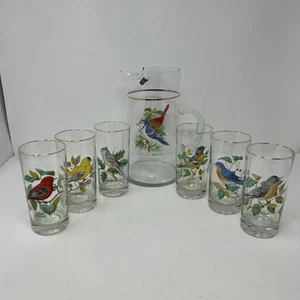 Vintage West Virginia Glass Set HiBall Six Glasses Pitcher Wild Bird Motif (192) - Picture 1 of 20