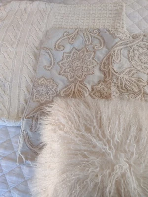 Lot of 3 Pottery Barn Neutral Tan Beige Throw Pillows Cover Knit Fur Minimalist  - Image 1 of 4