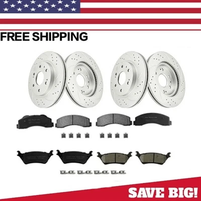 Kit de pastillas de rotores de freno de disco perforados delanteros y traseros de 6 tacos para Ford F-150 2012--2020 Foto 1 de 4