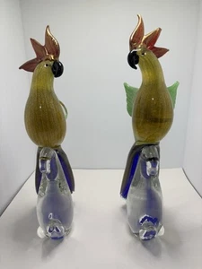 Vintage 2 green , red & Gold Murano Art Glass Parrots Cockatoo Birds made Italy. - Picture 1 of 24