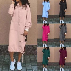 Ladies Hooded Hoodies Sweatshirt Long Pullover Jumper Dress Drawstrings Split UK - Picture 1 of 19