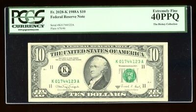 DBR 1988-A $10 FRN Dallas Fr. 2028-K PCGS XF-40 PPQ Serial K01744123A - Image 1 of 2