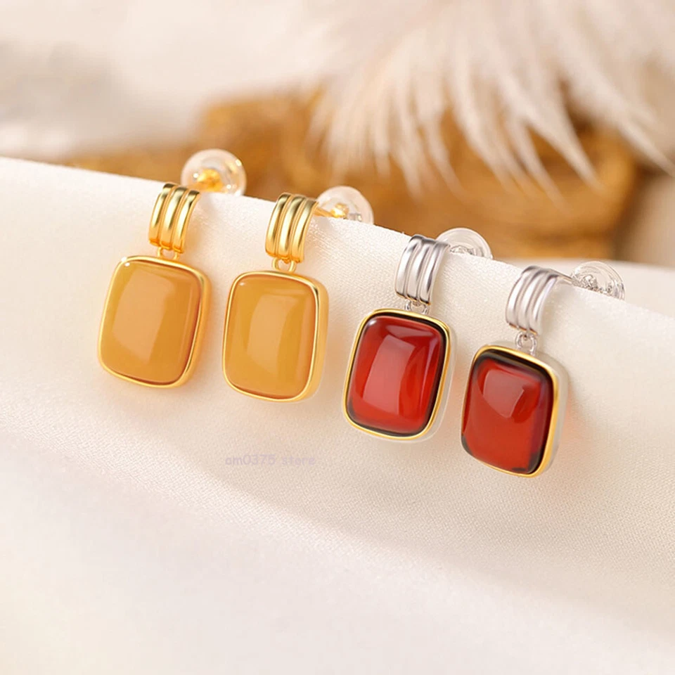 Pendientes enchapados en oro real de plata de ley 925 cera de abejas natural ámbar carmesí Foto 1 de 4