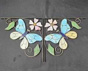 Stained Glass Butterfly/Floral Corner Metal Shelf Brackets Set Of 2 - Picture 1 of 10