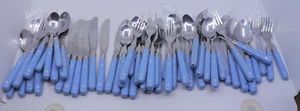 59 PIECE SET, WASHINGTON FORGE MARDI GRAS PATTERN STAINLESS FLATWARE, LIGHT BLUE - Picture 1 of 17