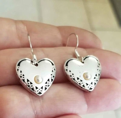 .925 Silver Heart Earrings Silver Dangle Earrings Pearls Heart Dangle Earrings - Image 1 of 4