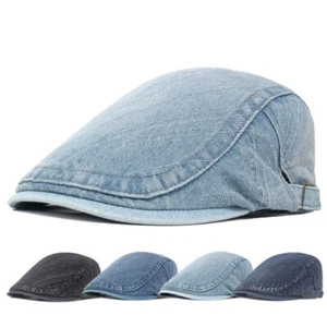 Men Denim Solid Striped Duckbill Peaked Hat Golf Trucker Ivy Adjustable Flat Cap - Picture 1 of 9