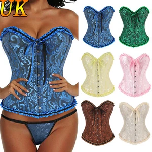 Women's Lace Up Bustier Vintage Floral Denim Corset Overbust Burlesque Lingerie - Picture 1 of 27